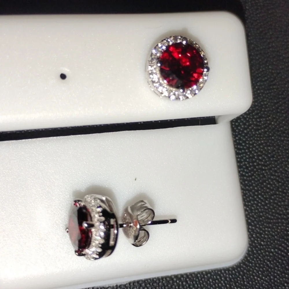 Halo Ruby Red Stud Earrings With Clear Accent Stones